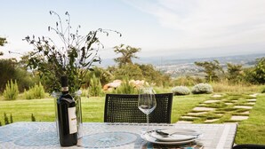 Ein Tisch draußen gedeckt mit einer Weinflasche, einem Glas und einem Teller, mit Blick auf einen Garten und eine entfernte Landschaft.