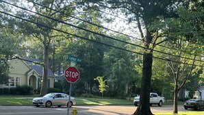 A residential street with a stop sign, a yellow fire hydrant, and houses with front yards. - Cozy Carriage House 2 Blocks from Oxford Square (Oxford)