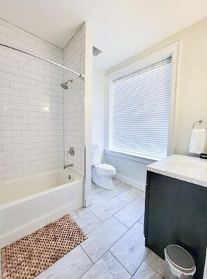 Hair dryer, towels, soap, shampoo