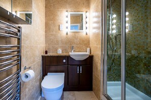 Combined shower/tub, hair dryer, towels