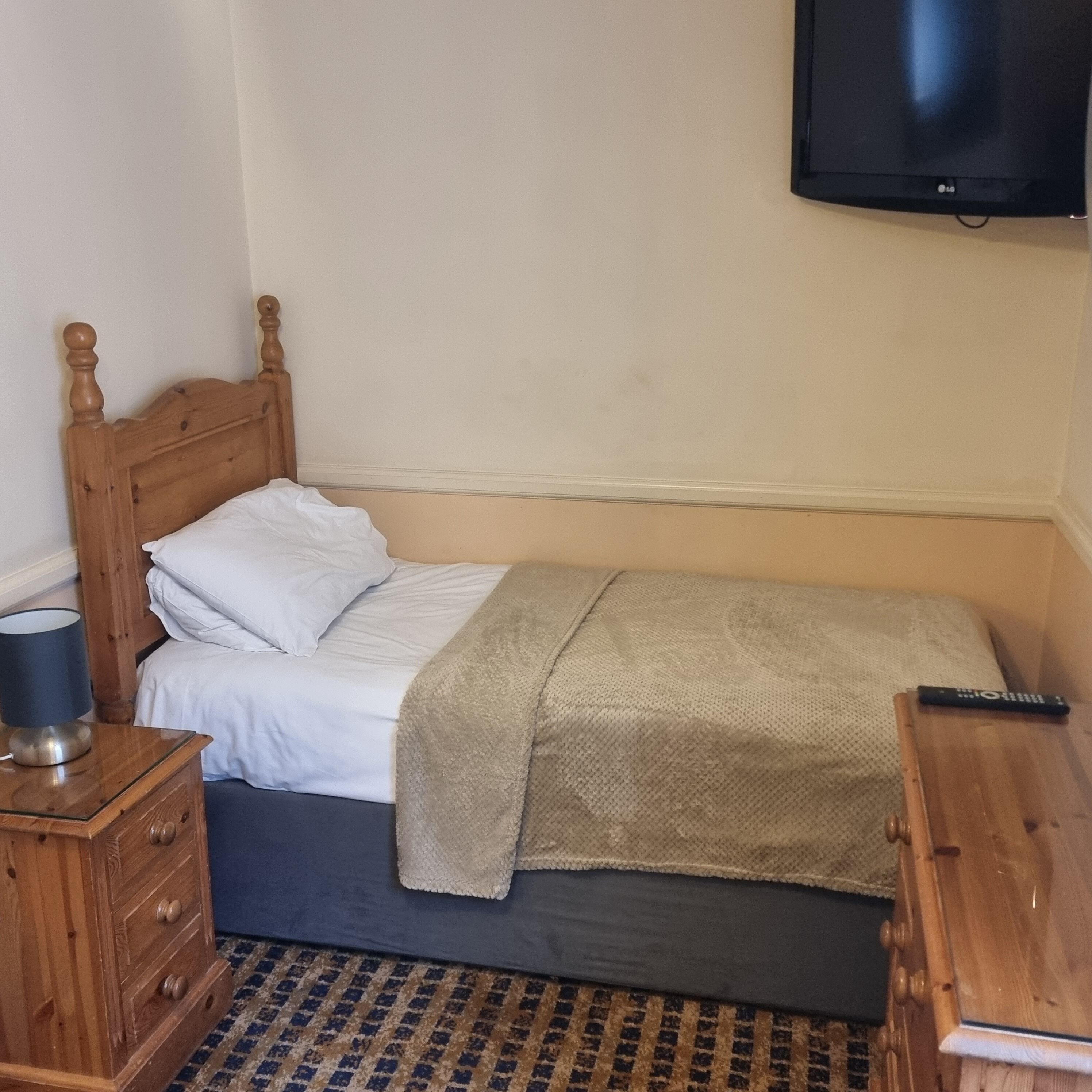 A single bed with a wooden headboard, a bedside table with a lamp, and a TV mounted on the wall.