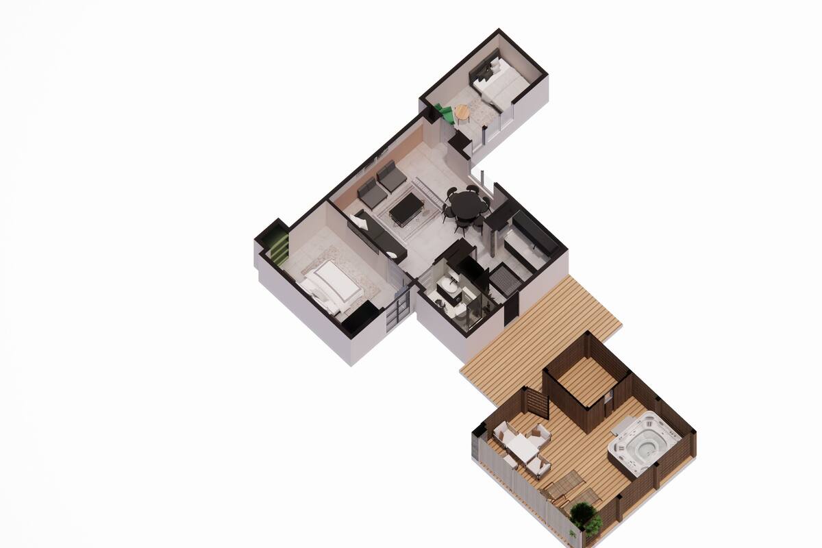 Un plan en 3D d’un appartement moderne comprenant un salon, une cuisine, un coin repas, deux chambres et un balcon avec un jacuzzi.