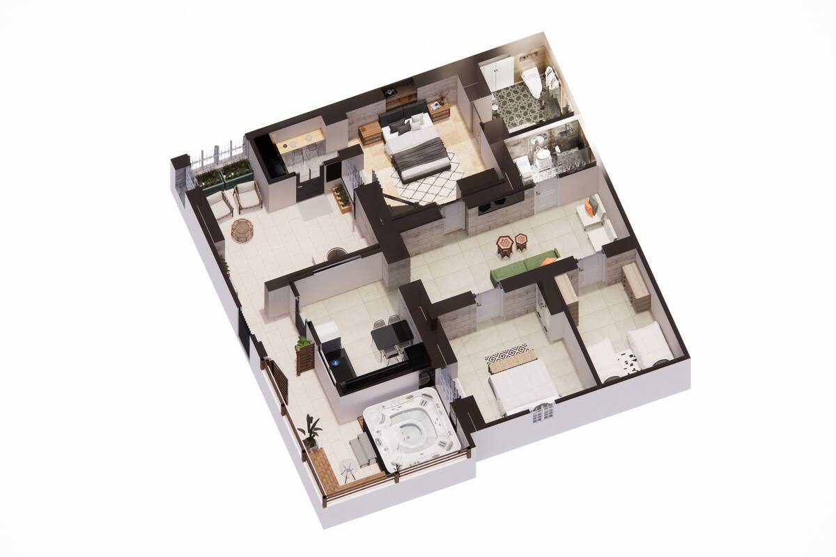 Un plan 3D d’une chambre d’hôtel comprenant une salle de bain, une cuisine, un espace de vie et un balcon.