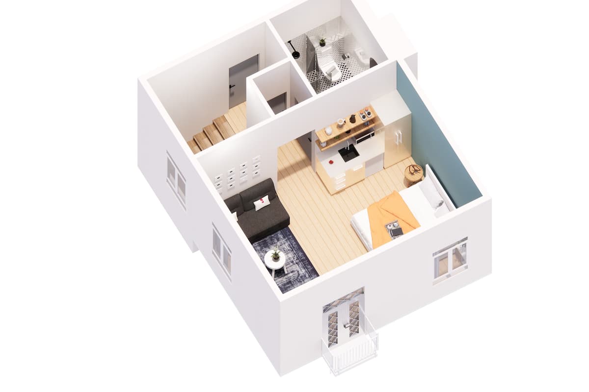 Un plan en 3D d’un appartement moderne comprenant un salon, une cuisine, une salle de bain et un balcon.