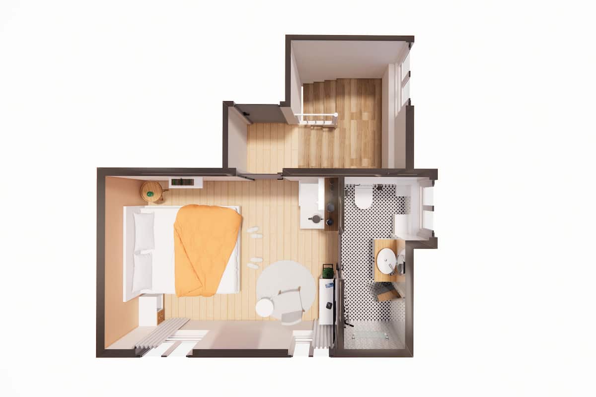 Un appartement de deux chambres comprenant un salon, une cuisine et une salle de bain.