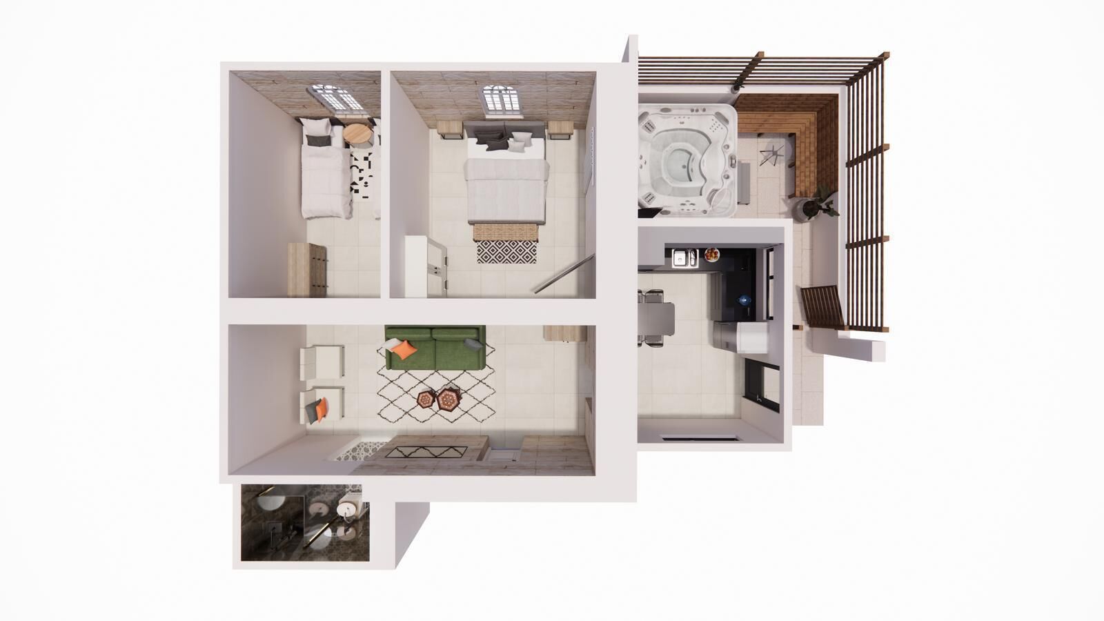 A 3D floor plan of a modern apartment with a bedroom, bathroom, kitchen, and living area.