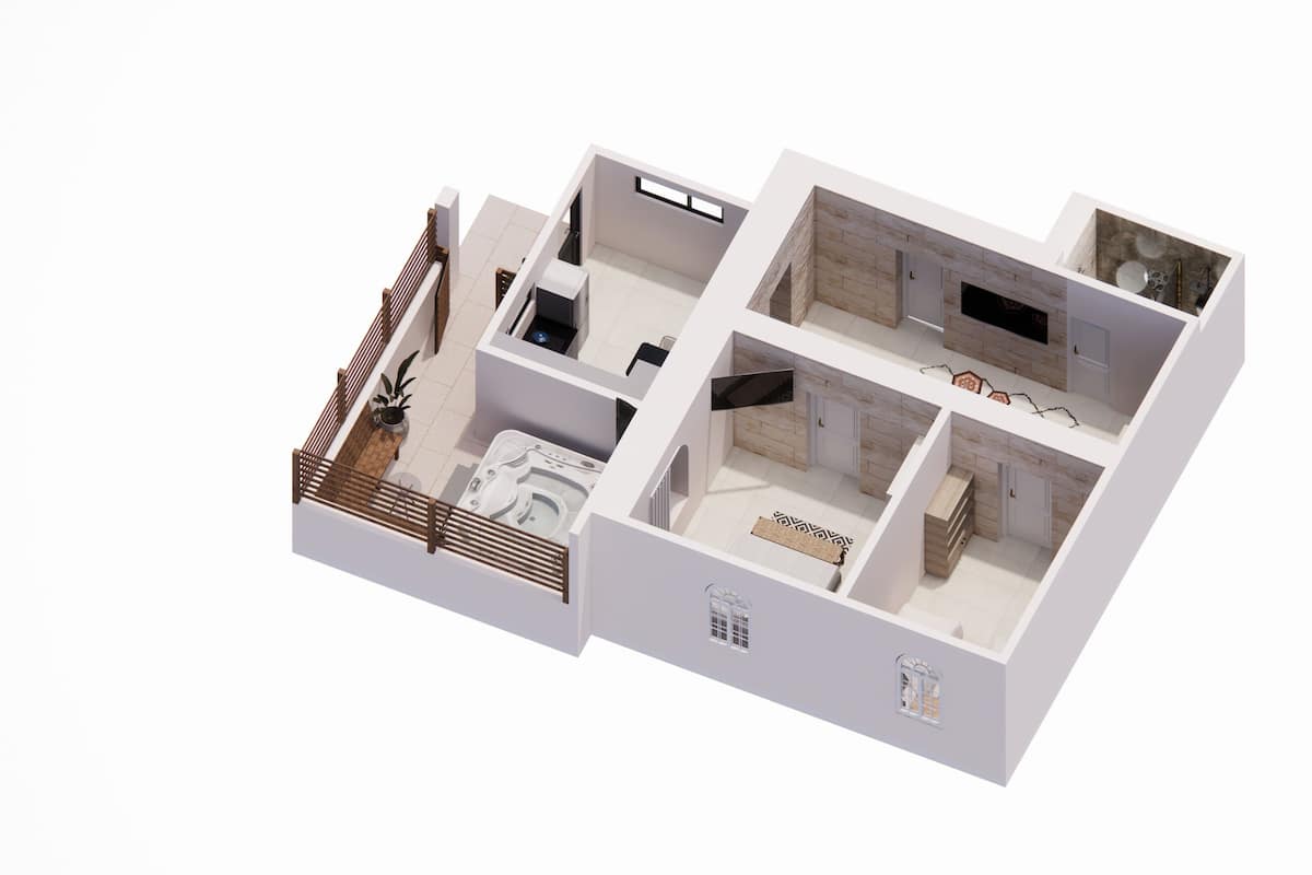 Un plan d’étage en 3D d’un appartement moderne comprenant un salon, une cuisine, deux chambres et une salle de bain.