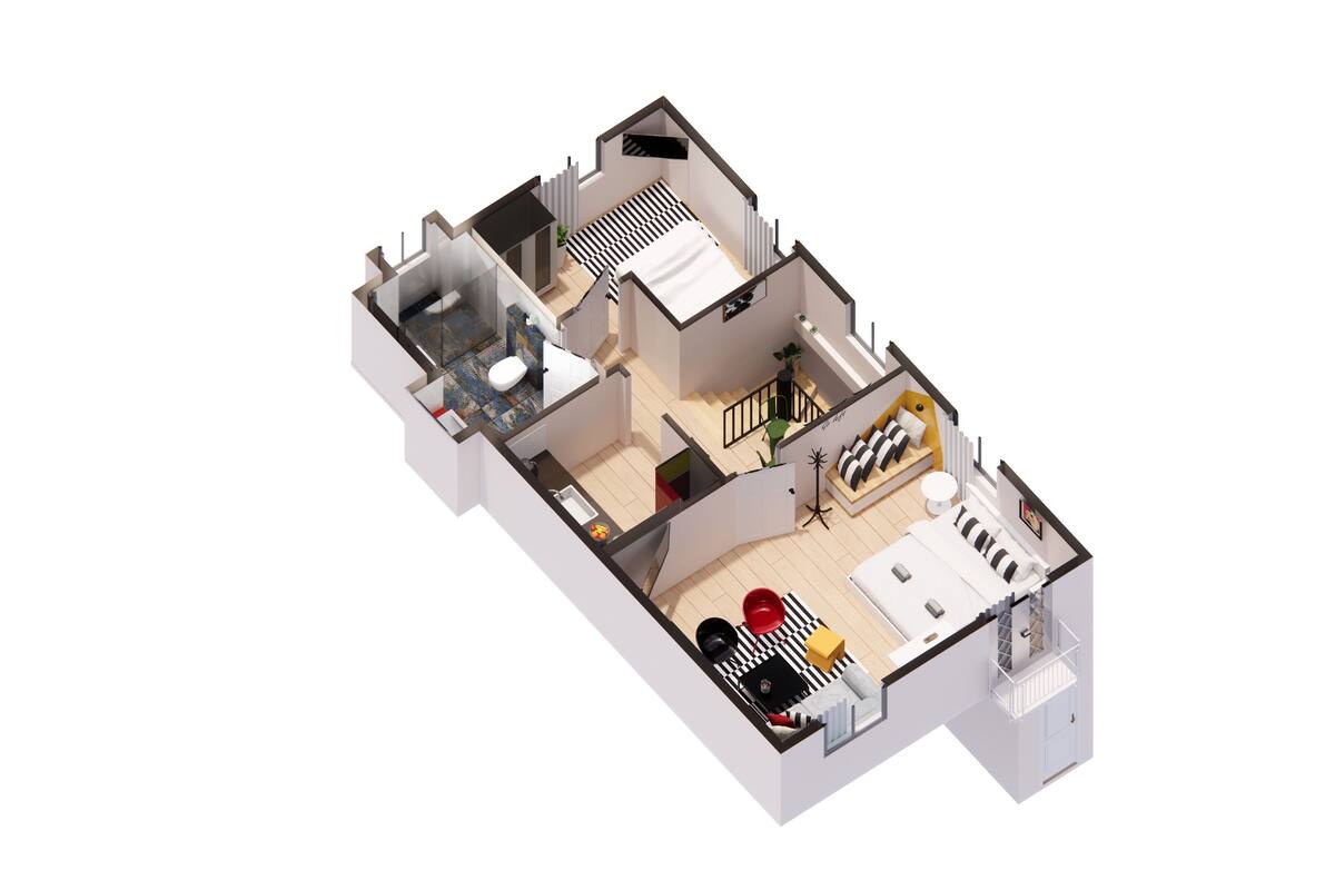 Une représentation en 3D du plan d’une chambre d’hôtel, comprenant un lit, un petit coin salon, une salle de bain et un balcon.