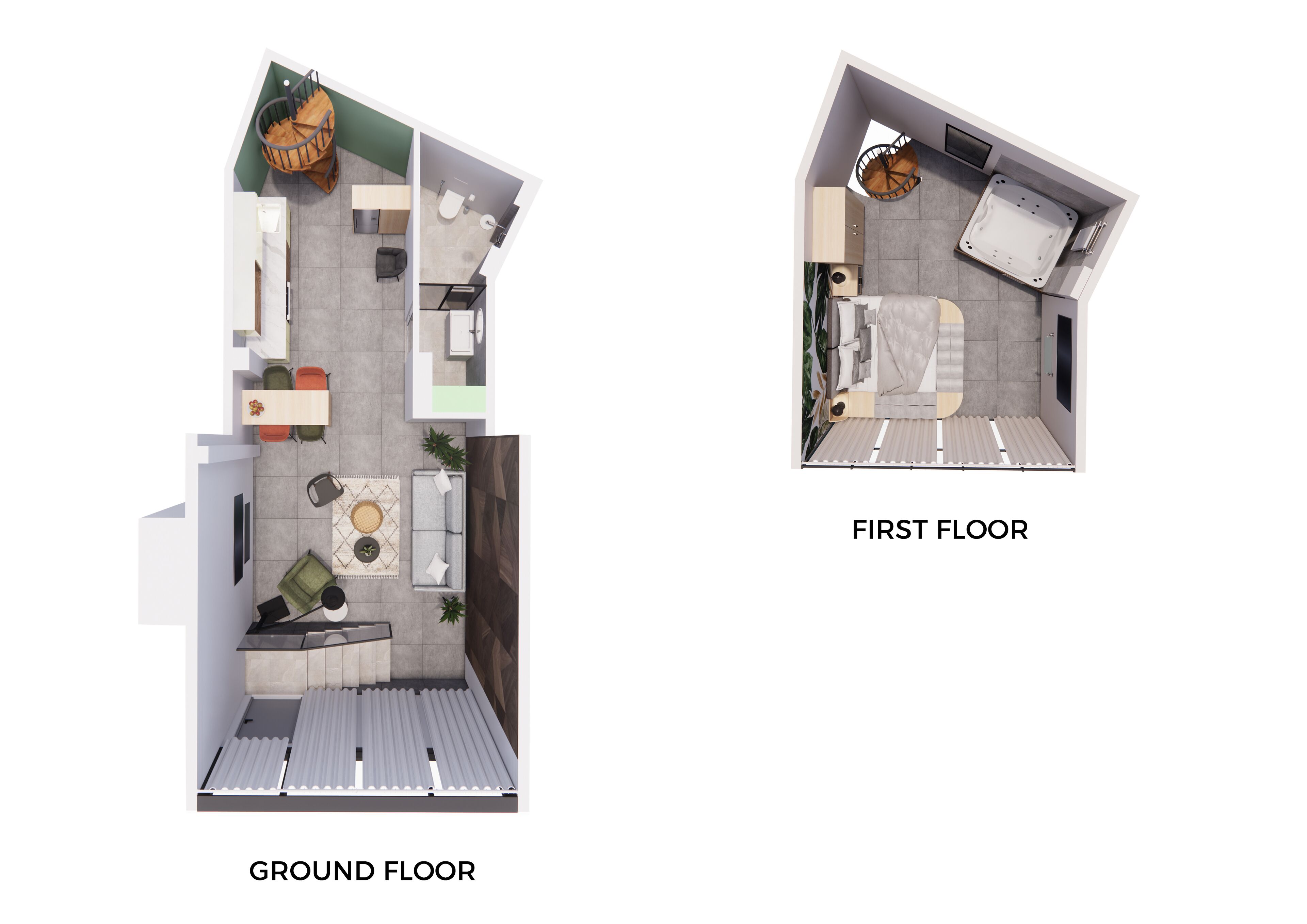 Un appartement situé au rez-de-chaussée, comprenant un espace de vie, une cuisine et une salle de bain.