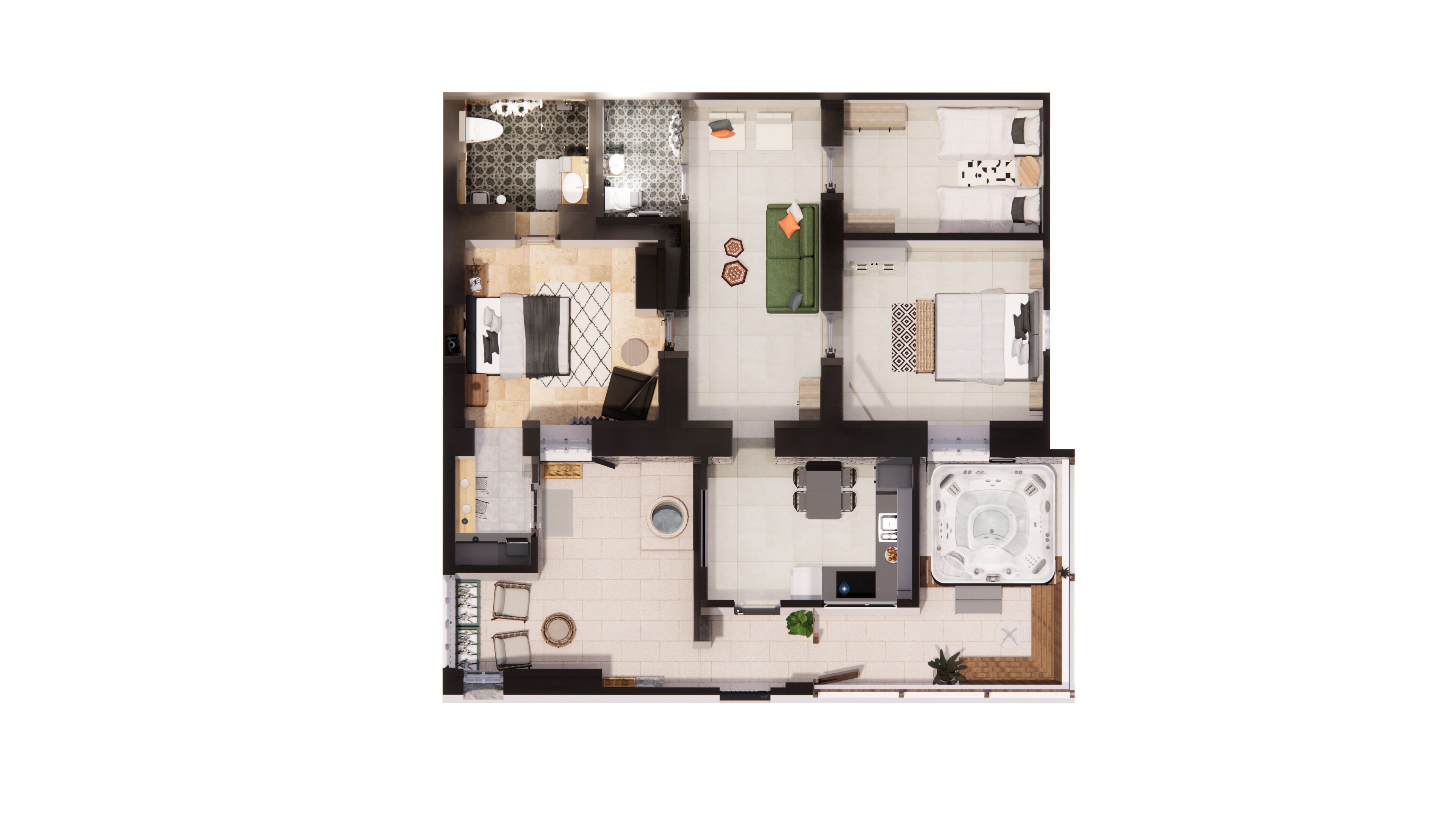 A top-down view of a hotel room with a bed, a small desk, a seating area, a bathroom, and a hot tub.