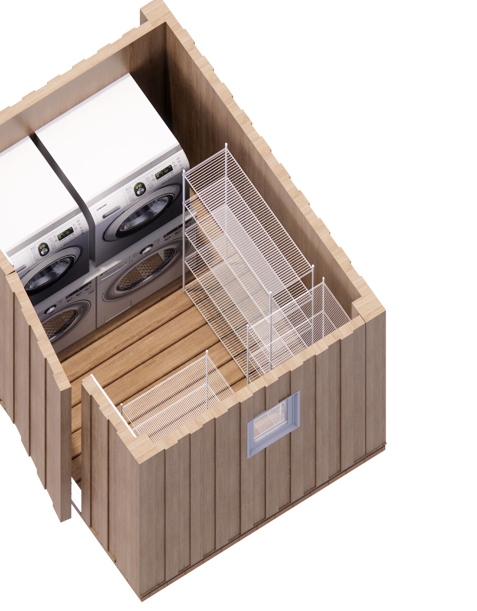 A compact, wooden laundry room with built-in washers and dryers, a metal drying rack, and a small window.