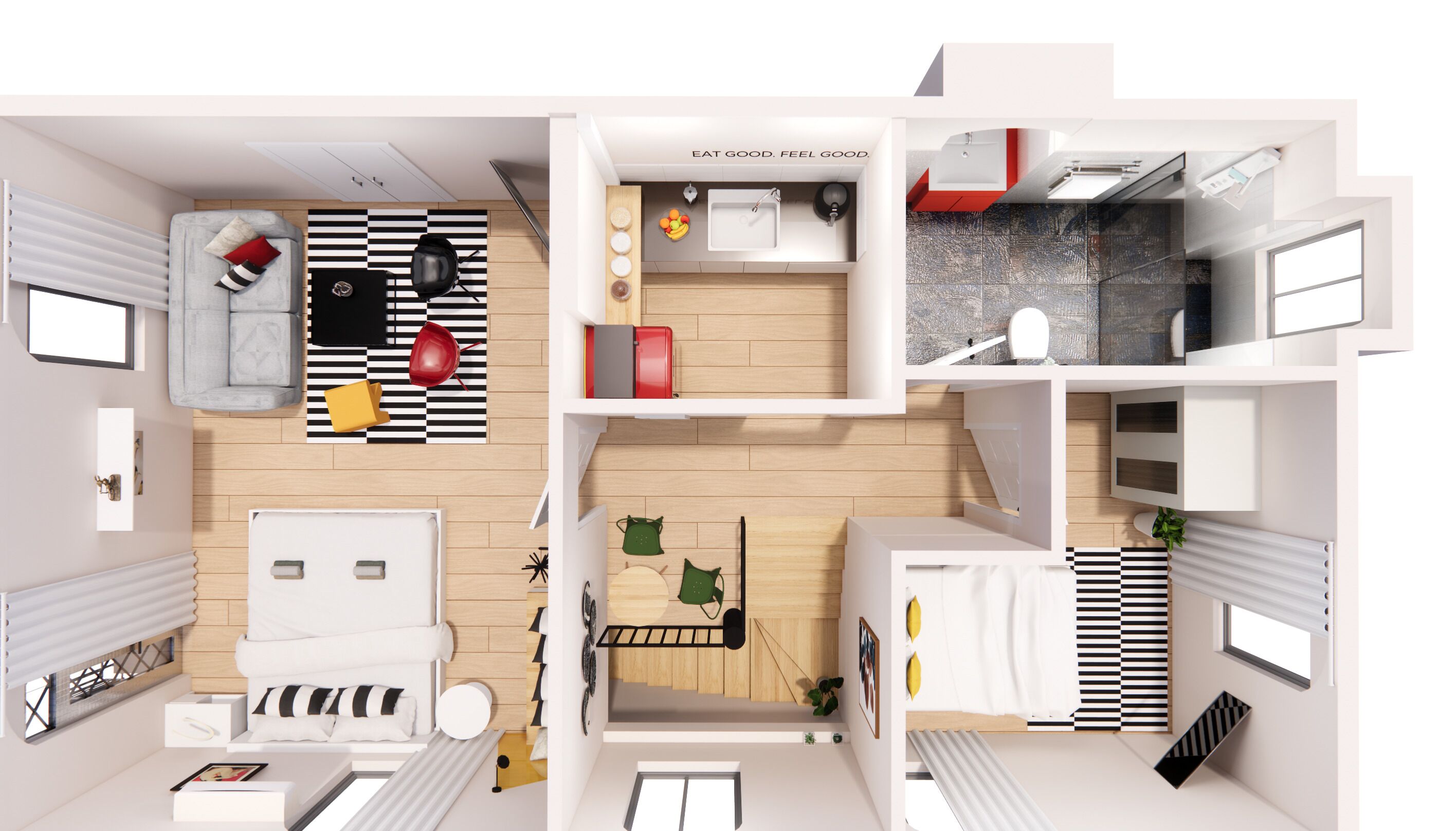 Un moderno layout per appartamento con zona soggiorno, cucina, sala da pranzo e piccolo bagno.