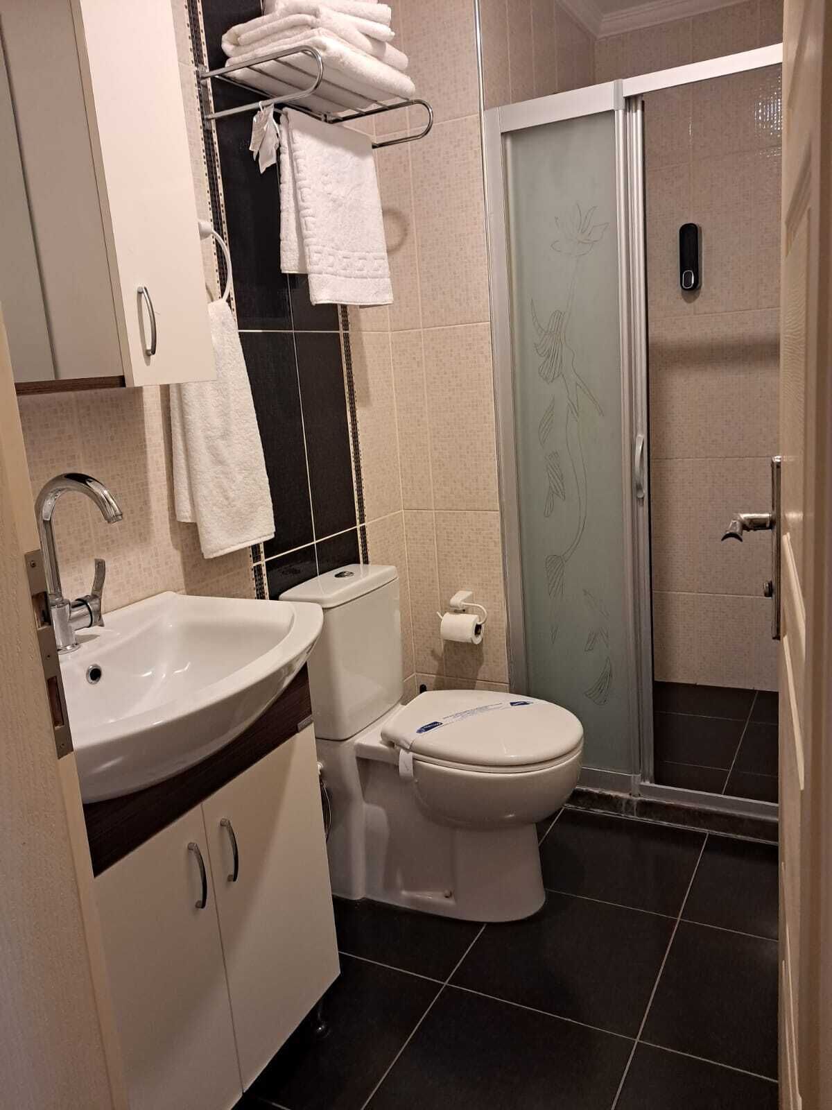 A bathroom with a sink, toilet, and shower.