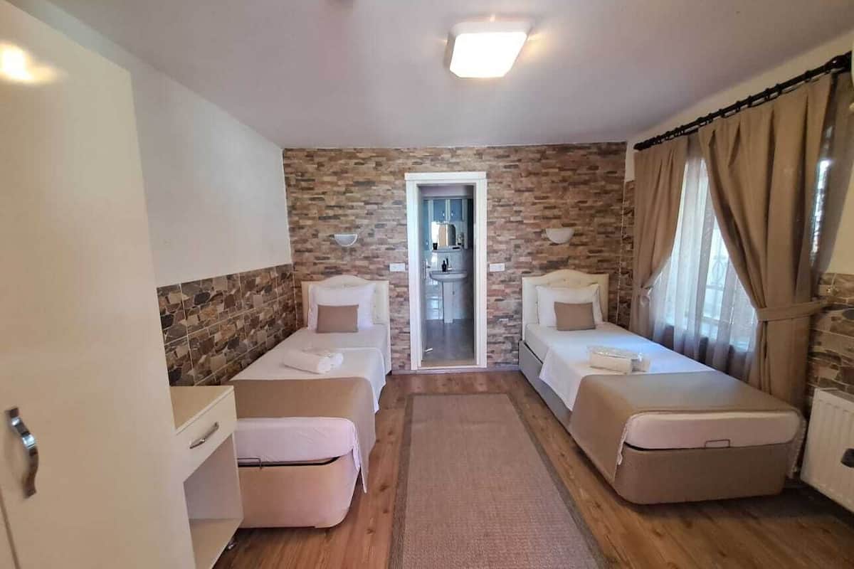 Une chambre avec deux lits simples, une petite salle de bain et un mur en pierre.