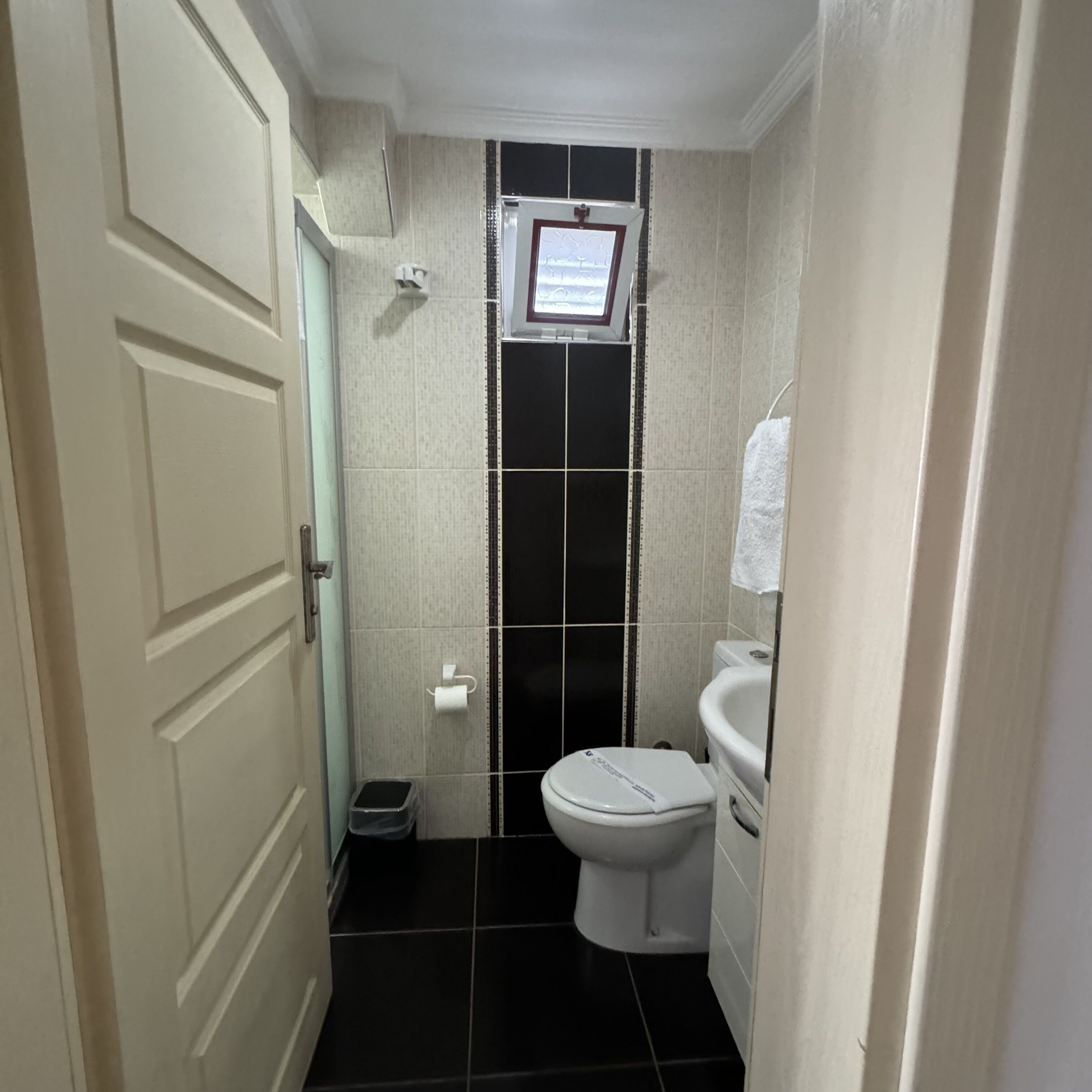 A small bathroom with a toilet, a sink, and a window.