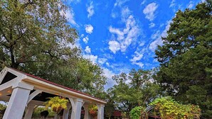 A covered patio with white columns and a wooden deck, surrounded by lush greenery and trees under a clear blue sky.