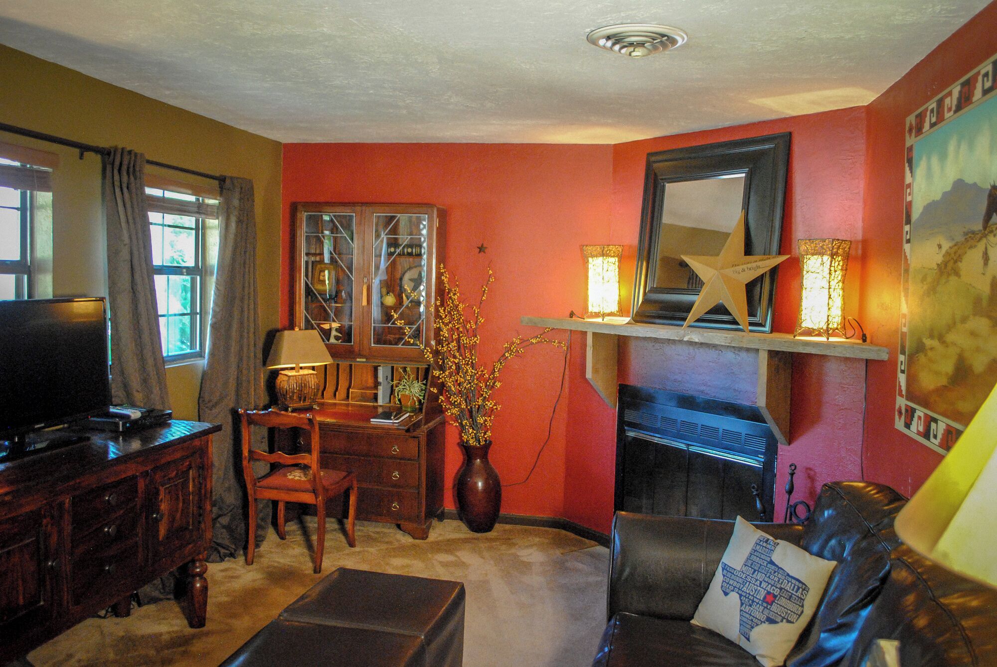 TV, fireplace, DVD player, books