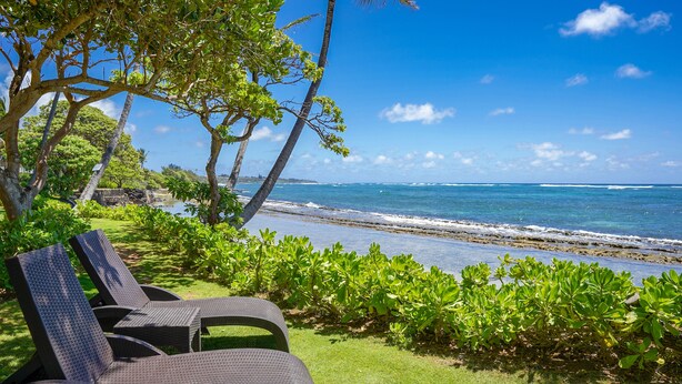 Un espace de détente aménagé au bord de la plage, avec deux fauteuils en osier, une végétation luxuriante et une vue sur l’océan.