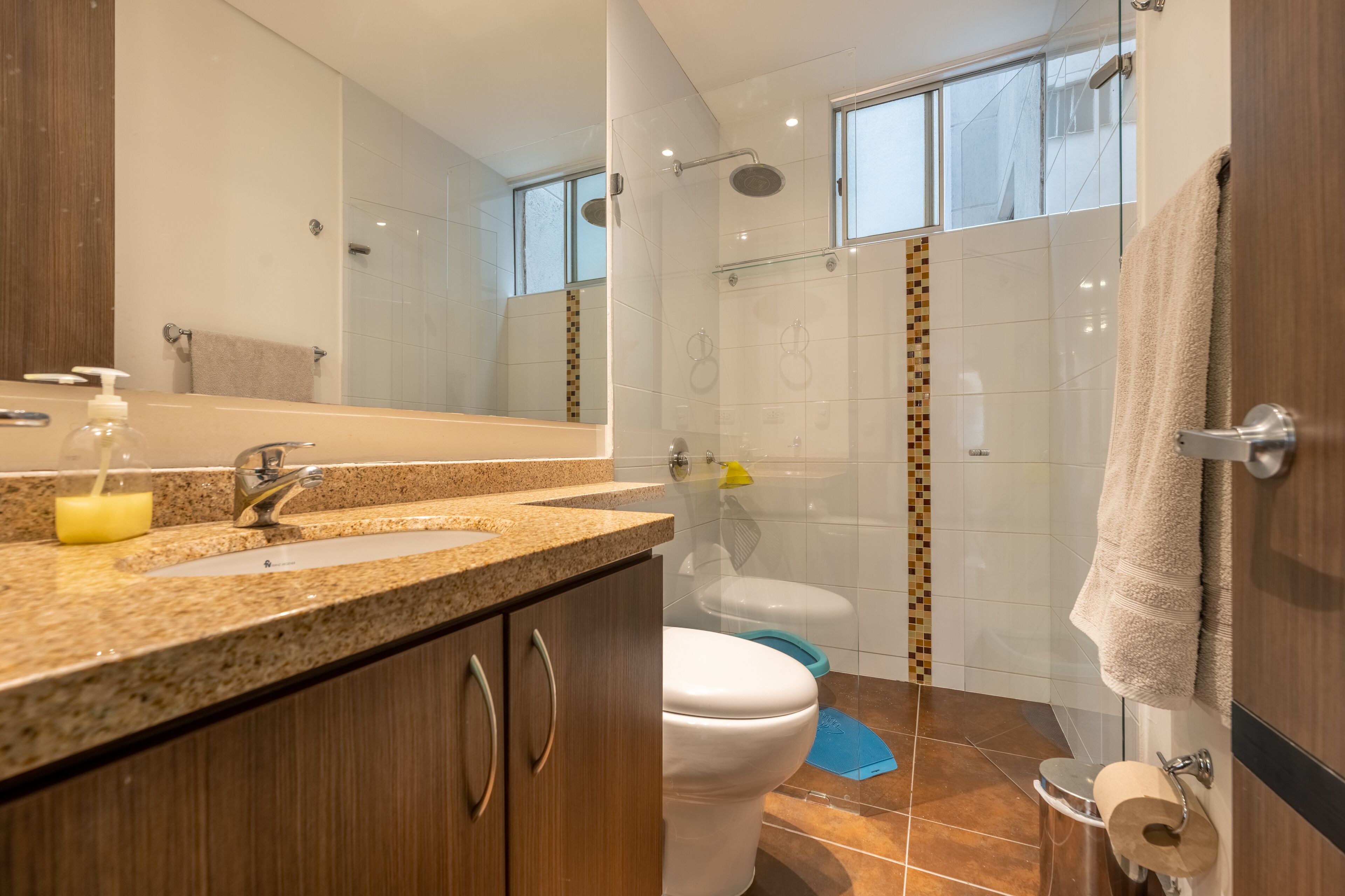 A modern bathroom with a granite countertop sink, a toilet, a shower with a glass door, and a towel rack.