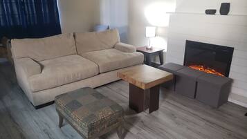 Smart TV, fireplace, foosball