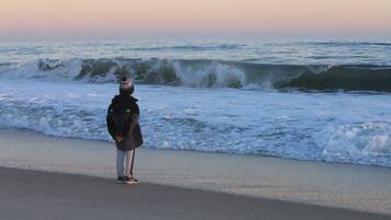 A person standing on a beach facing the ocean with waves crashing onto the shore.