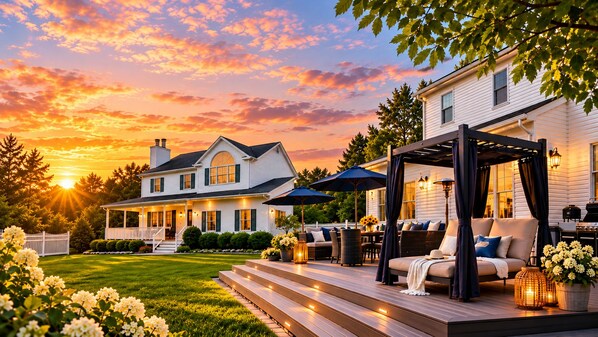 A house with a covered outdoor seating area, a well-maintained lawn, and a sunset in the background.