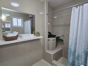 Shower, hair dryer, towels, soap