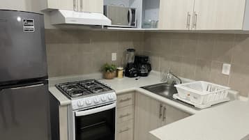 Fridge, microwave, oven, cookware/dishes/utensils