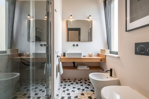 Shower, hair dryer, bidet, towels