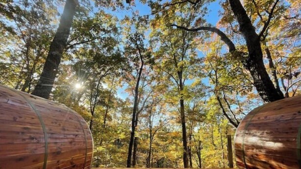 A wooden deck with metal tanks, surrounded by trees with autumn foliage. - Family & Pet Friendly Treehouse with Amazing Views (Wildwood)