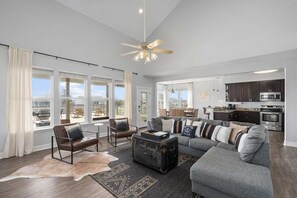 Smart TV, fireplace, books