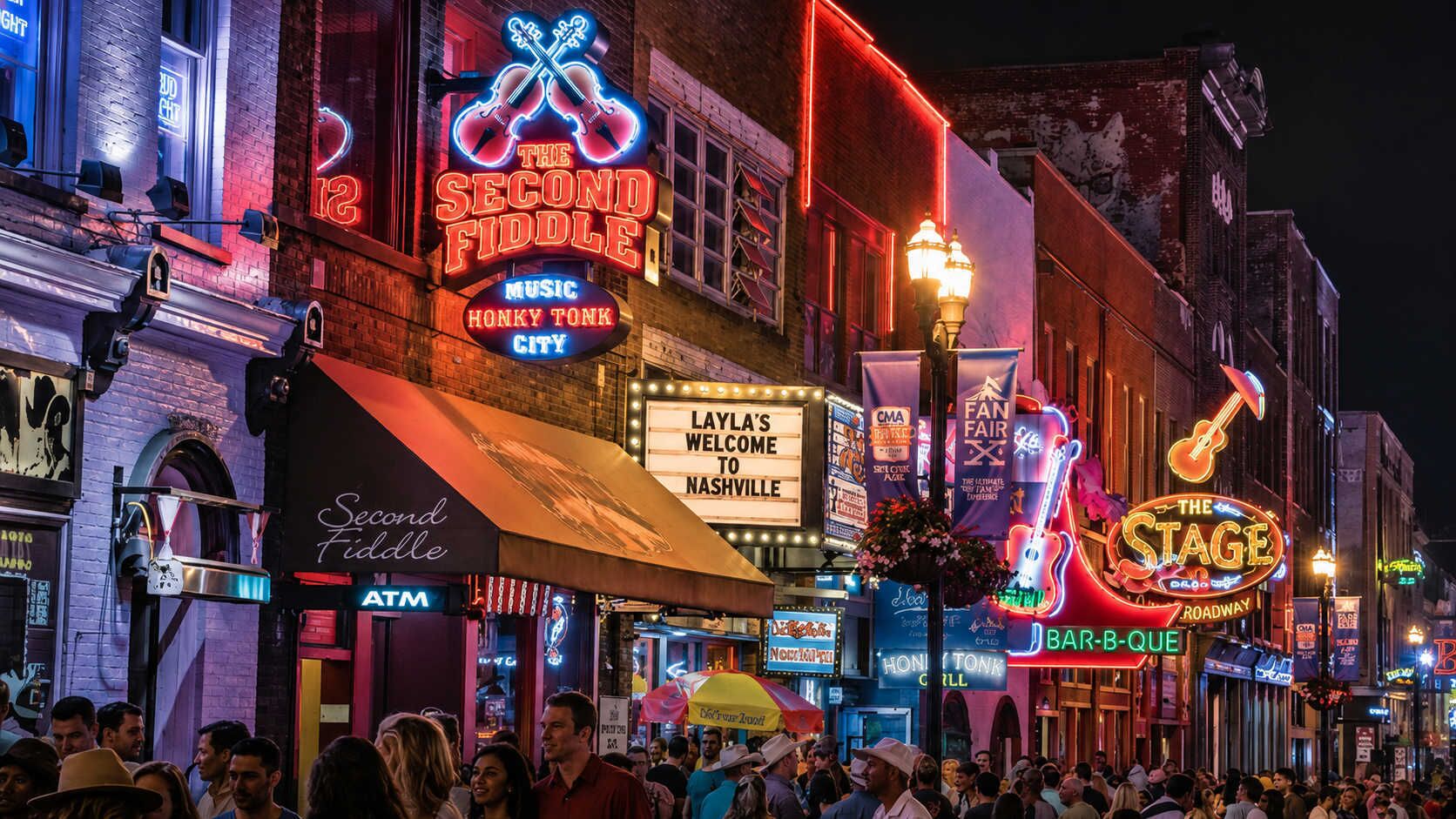 A busy street lined with neon signs and a crowd of people.