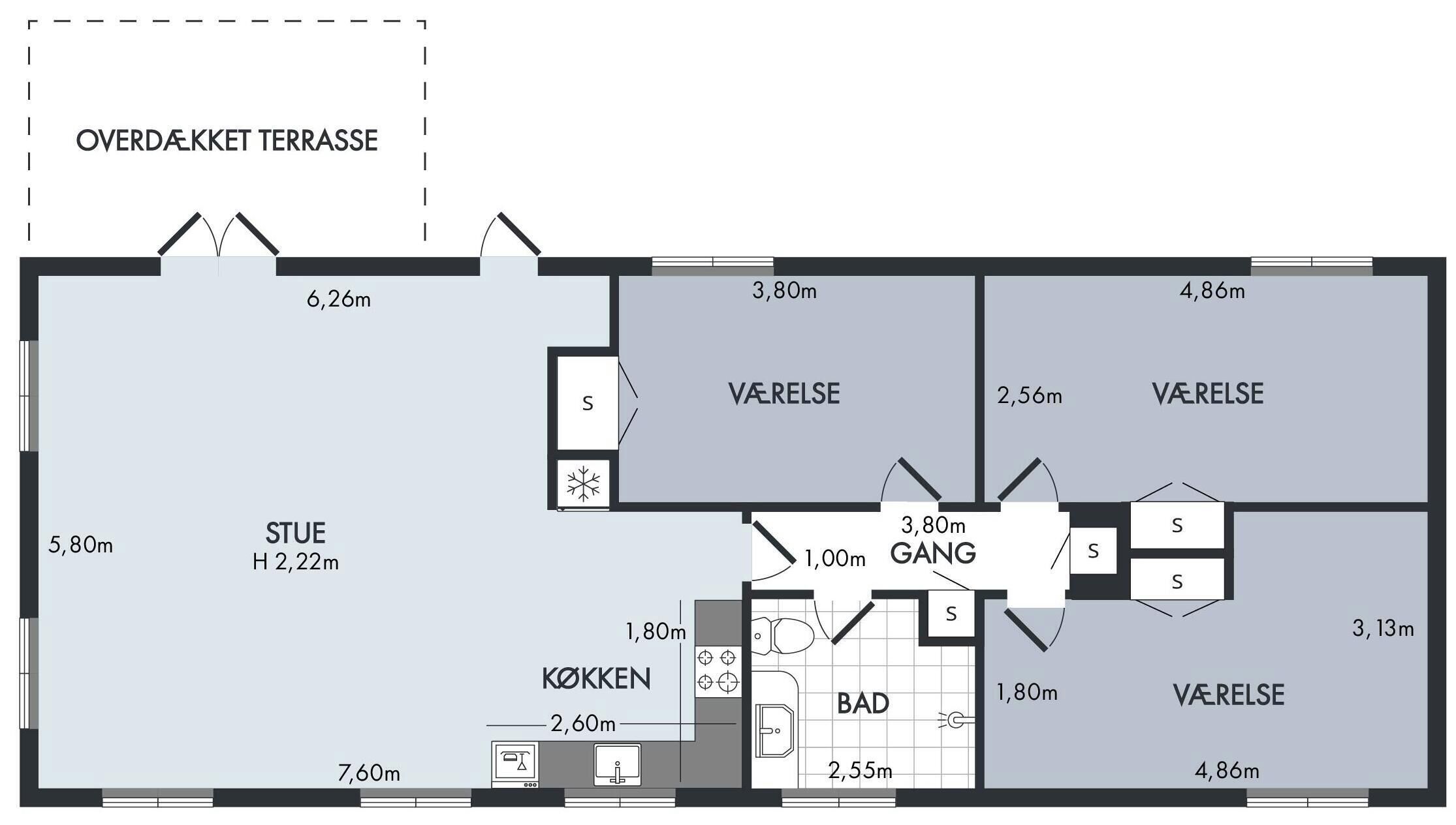 Plano de planta que muestra una cocina, un baño y dos dormitorios, cada uno con baño privado.