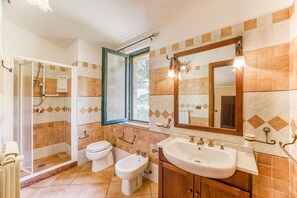 Shower, hair dryer, bidet, towels