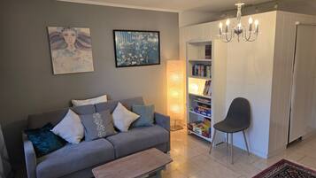 Un salon avec un canapé gris, un banc en bois, une bibliothèque, un fauteuil et un lustre.