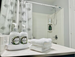 Ducha, secador de pelo, toallas, jabón