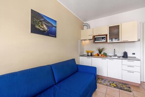 Un espacio habitable compacto con kitchenette, un sofá azul y una obra de arte con vistas panorámicas.