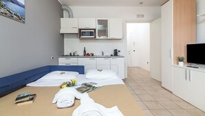 Habitació d'hotel amb un llit, escriptori, petita cuina i televisió.