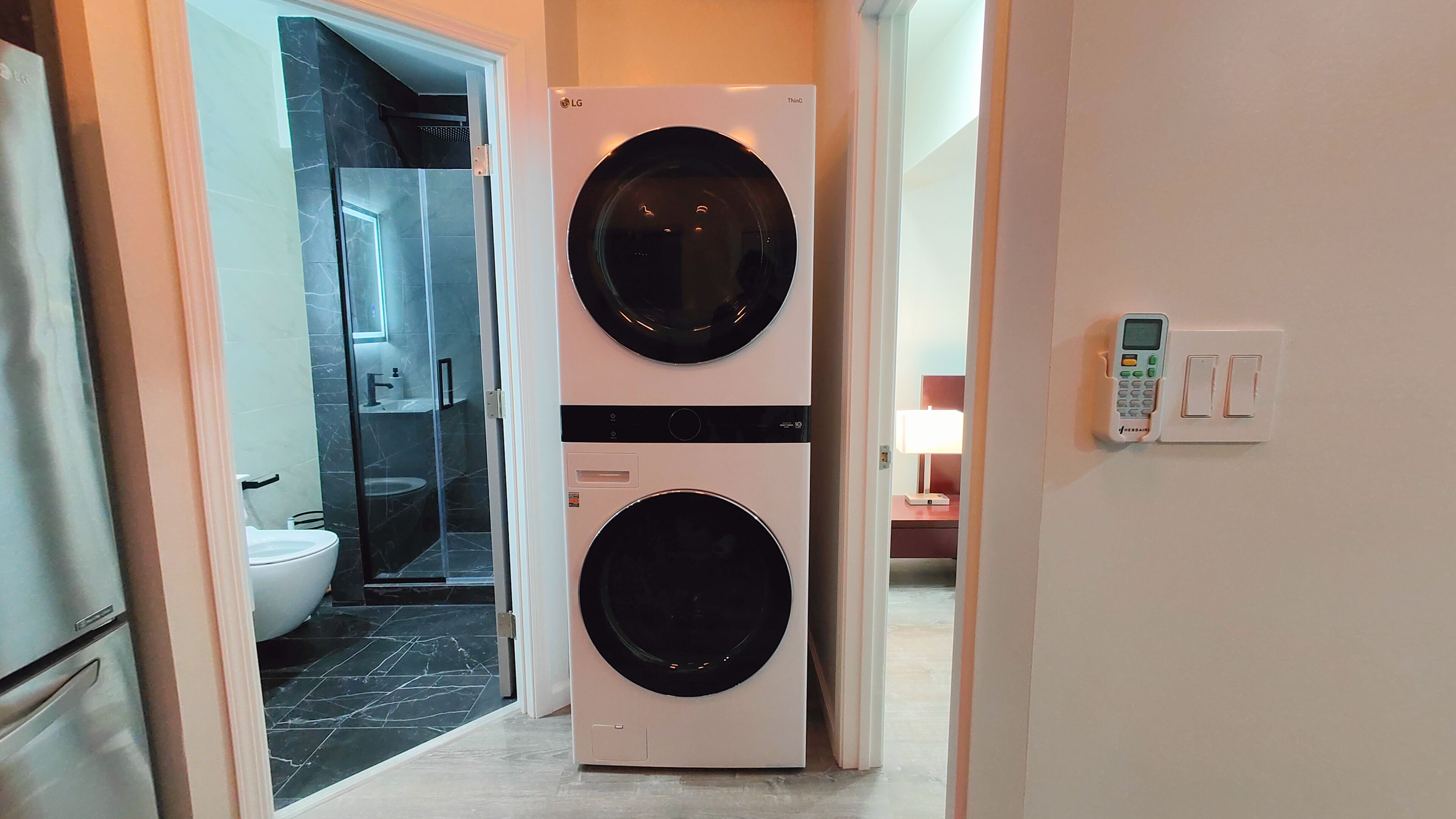 Hair dryer, towels, soap, shampoo