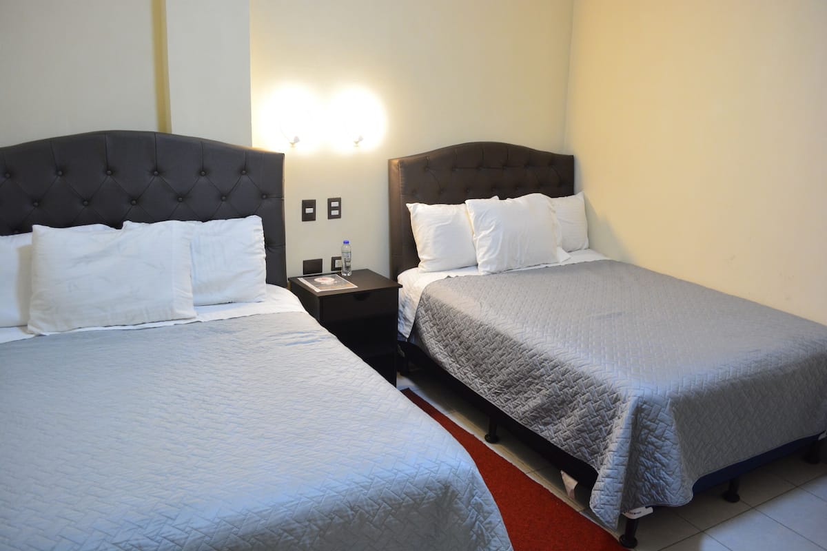 Two twin beds with headboards, a nightstand with a lamp, and a red carpet.