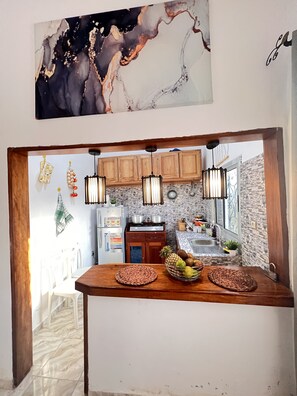 Fridge, stovetop, electric kettle, blender