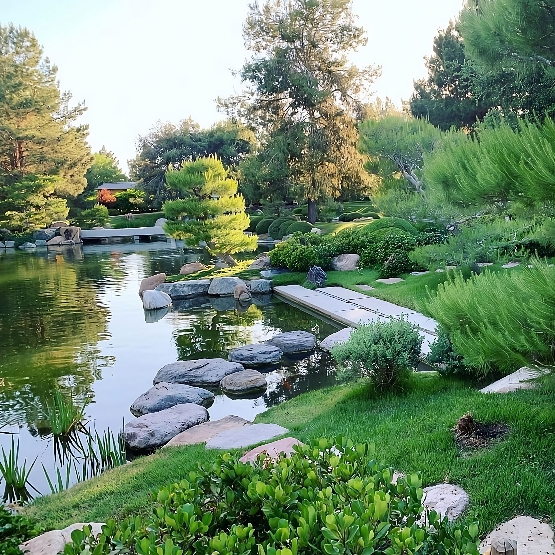 A serene garden with a pond, rocks, and various plants.