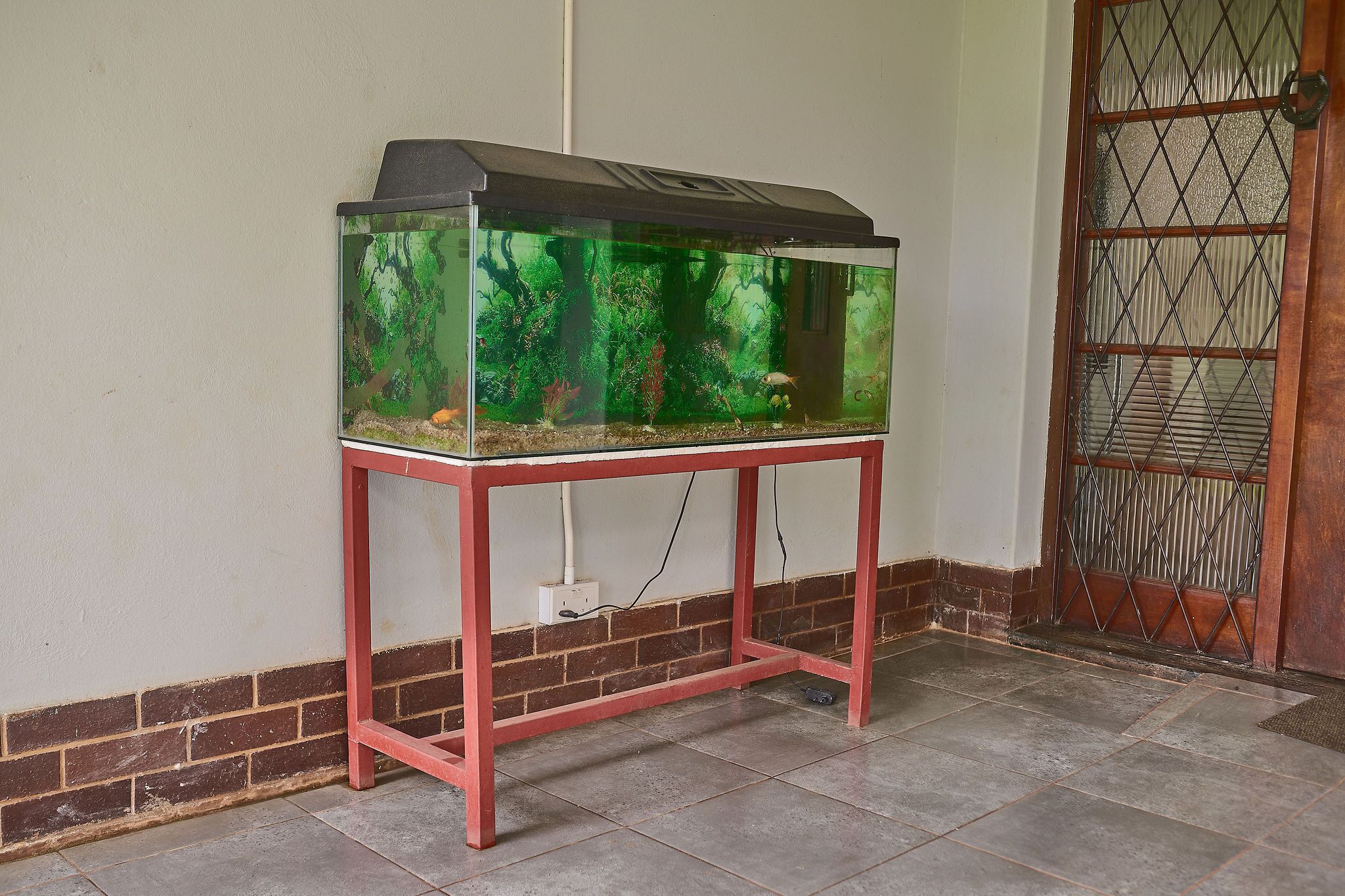 A fish tank on a red stand against a wall with a tiled floor and a metal gate.