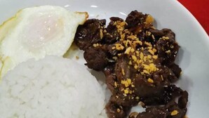 A plate with white rice, a fried egg, and a dish of meat topped with sesame seeds. - La Piazza Hotel and Convention Center  (Legazpi)