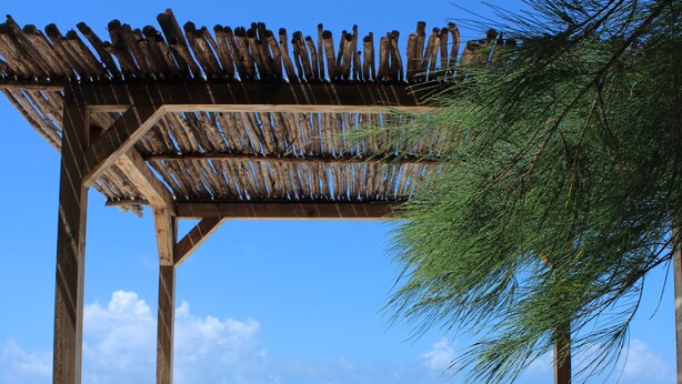 A wooden pergola with two wooden lounge chairs on a sandy beach with a clear blue sky and ocean view. - Kivuli Beach Resort Paje (Paje)