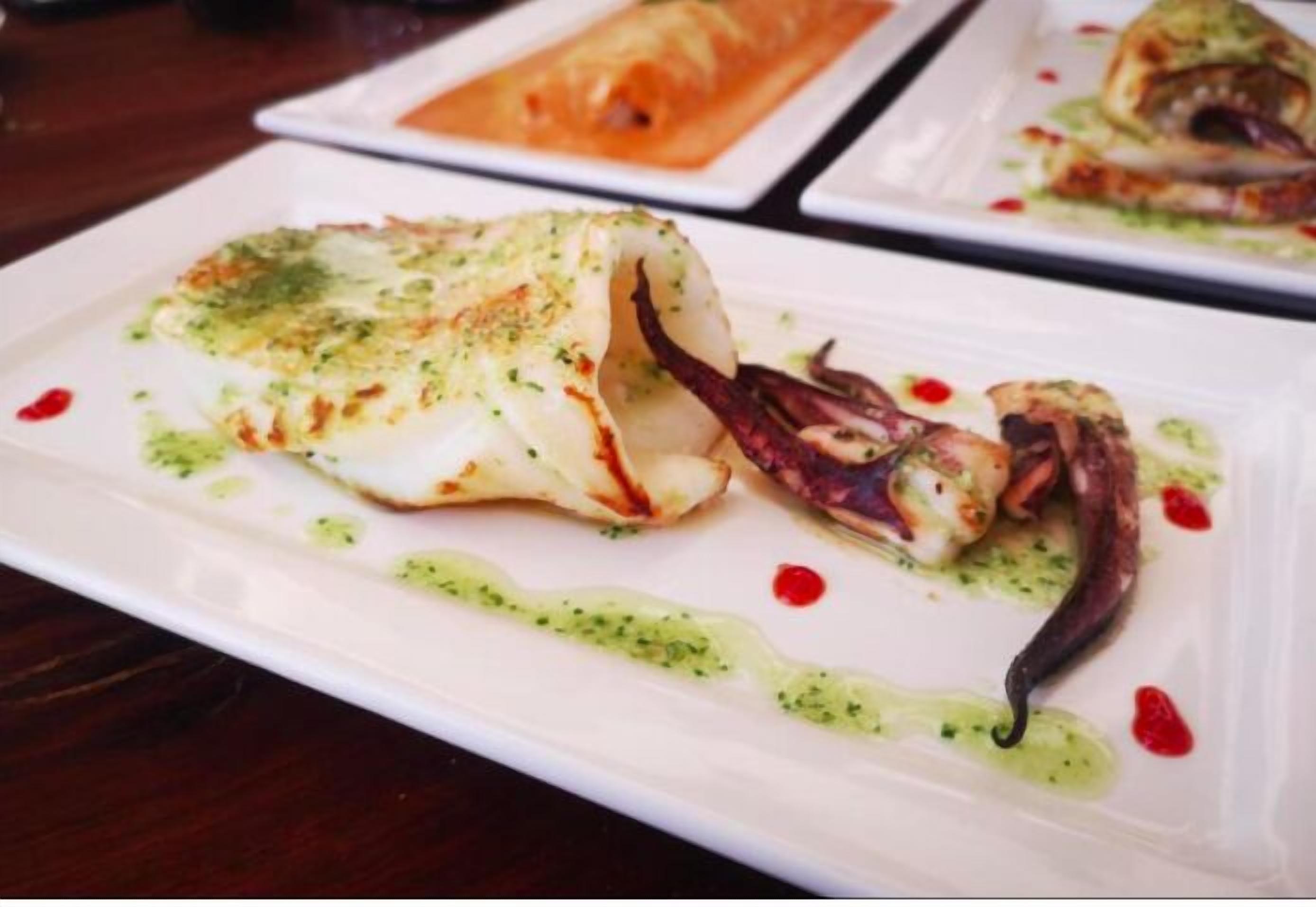 A plate of food with a fish fillet and a piece of meat, garnished with green sauce.