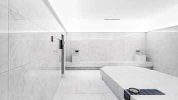 Área de tratamento externa, sauna seca, banheira de hidromassagem