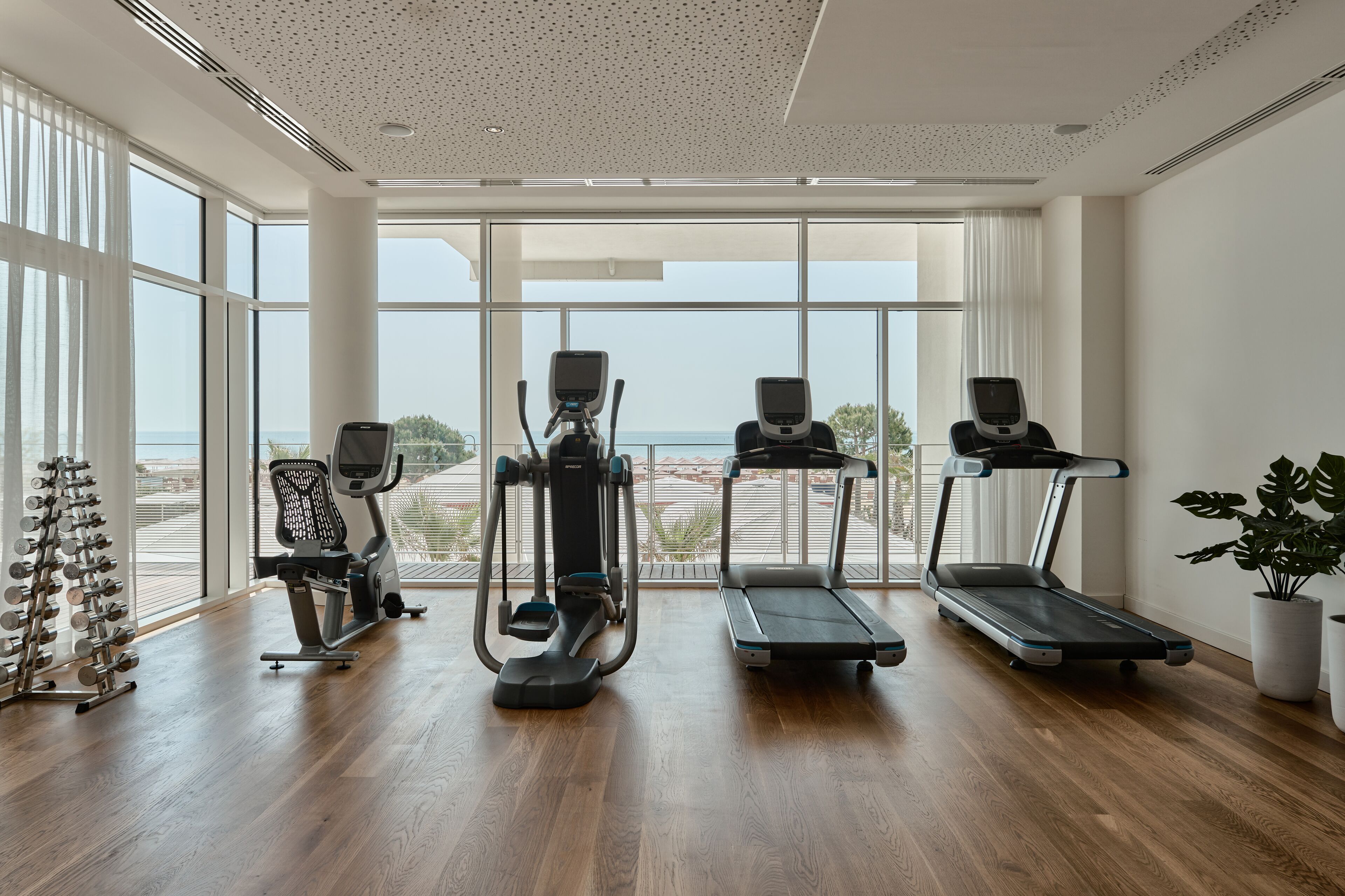 A modern gym with cardio machines, a weight rack, and large windows offering a view of the outdoors.