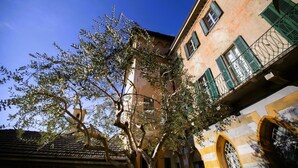 A building with a traditional architectural style, featuring a balcony with green shutters and a tree in front. - Cà del Conte Lake Como (Tremezzo)