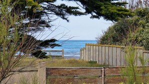 Une vue sur la côte, avec une clôture en bois, de la verdure et un ciel dégagé.